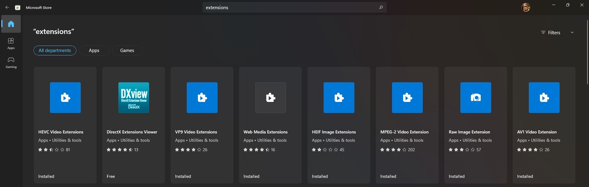 microsoft store showing extensions available for download