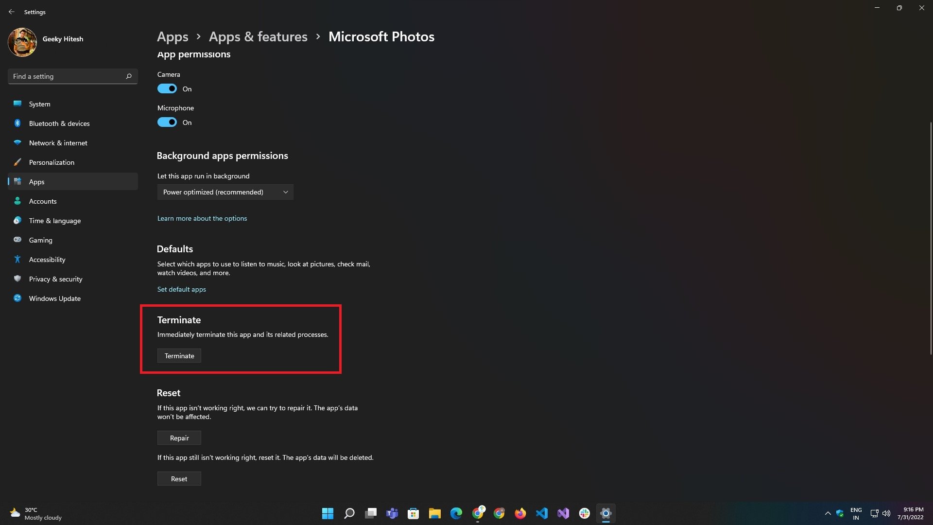 terminate option in windows app settings
