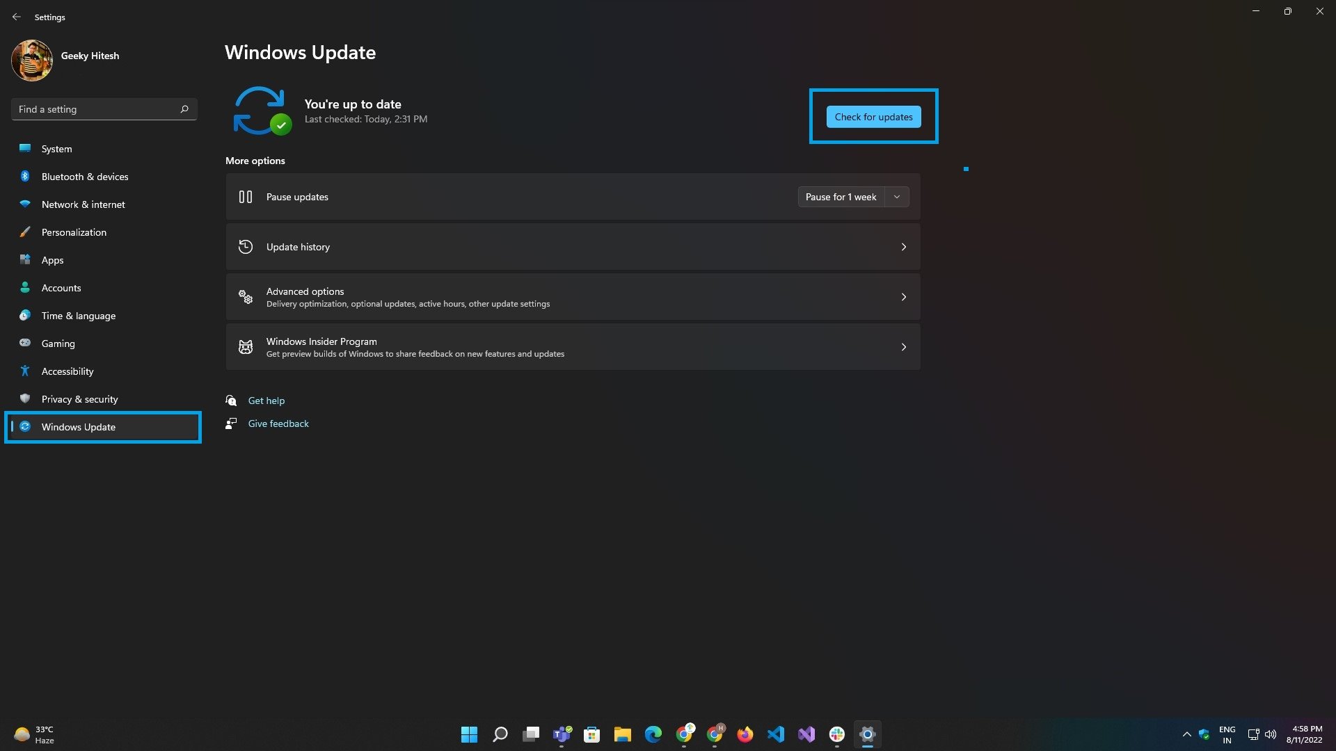 windows update page in settings app